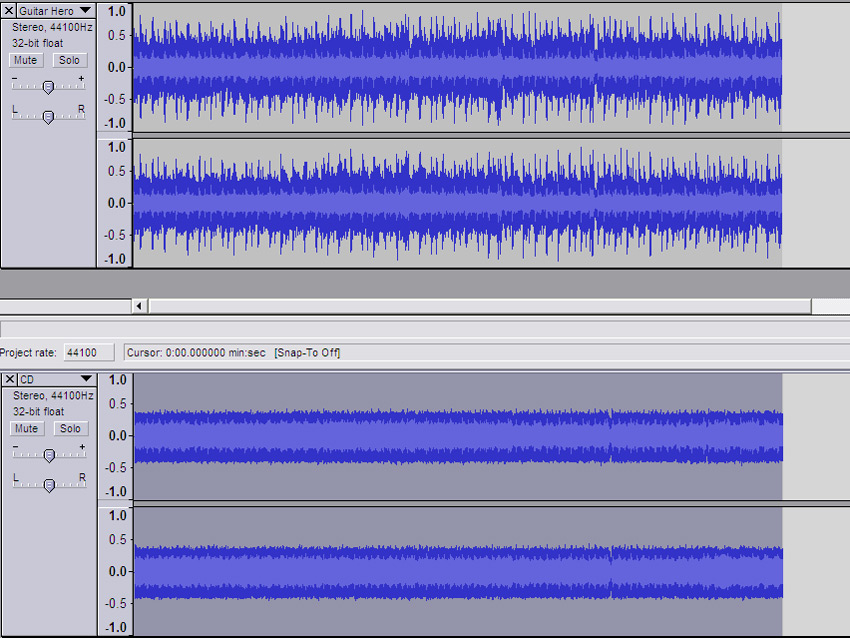 Guitar Hero (top) and CD clips side by side. Notice the dynamic range of the Guitar Hero clip in contrast to the 'brick wall' of the CD audio.